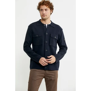 Polo Yaka Düğmeli Yünlü Triko Hırka - Lacivert