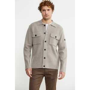 Polo Yaka Düğmeli Yünlü Triko Hırka - Vizon