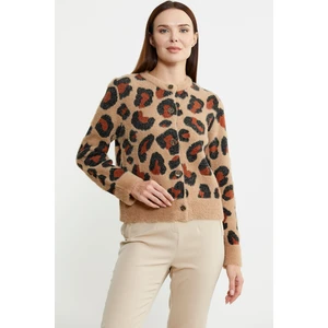 Leopar Desenli Sakallı Triko Hırka - Bej