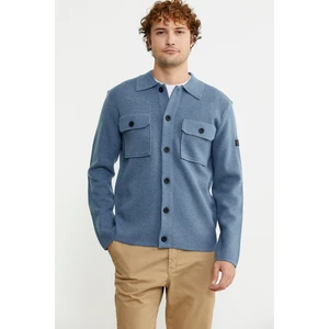 Polo Yaka Düğmeli Yünlü Triko Hırka - Mavi