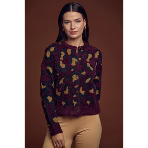 Leopar Desenli Sakallı Triko Hırka - Bordo