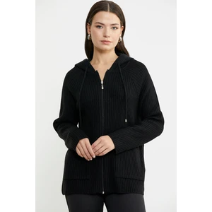 Kapüşonlu Tam Fermuarlı Yünlü Triko Hırka - Siyah