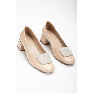 Dilimler Ayakkabı Büyük Numara Rugan Kare Taşlı Ten Kadın Kısa Topuklu Ayakkabı