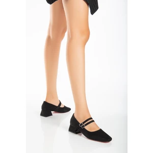 Dilimler Ayakkabı Büyük Numara 2 Bantlı Süet Siyah Kadın Kısa Topuklu Ayakkabı