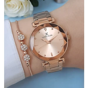 Daniel Klein Yeni Model Kesme Camlı Rose Gold Kadın Kol Saati + Zirkon Taşlı Bileklik