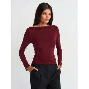 31213 Kayık Yaka Uzun Kollu Top-Bordo