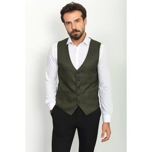 Desenli Haki Rengi Slim Fit Klasik Yün Erkek Yelek