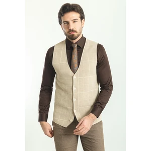 Kareli Bej Rengi Slim Fit Triko Erkek Yelek