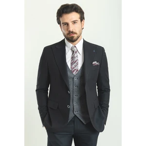 Düz Lacivert Slim Fit Geniş Yaka Kombinli Yün Erkek Takım Elbise