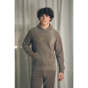 Yazı Nakışlı Kanguru Cepli Kapüşonlu Polar Sweatshirt