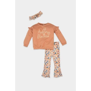 Kız Bebek 3'lü Takım Baskılı Bisiklet Yaka Sweatshirt Çiçekli Tayt Saç Bandı D5556A524WN