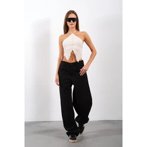 Toka Detaylı Bol Kesim Geniş Paça Rahat Baggy Jean Kot Salaş Kadın Pantolon @milano