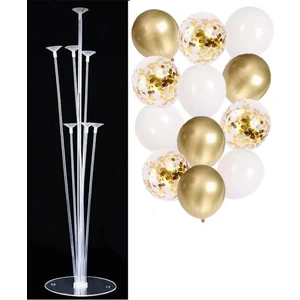 Balon Diyarı 7'li Balon Standı ve 15 Adet Gold-Beyaz-Şeffaf Konfetili Balon Set