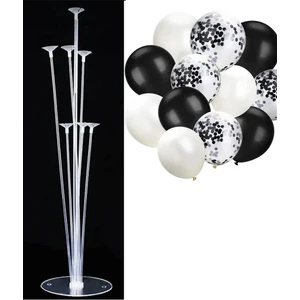 Balon Diyarı 7'li Balon Standı ve 10 Adet Siyah Beyaz ve Şeffaf Konfetili Balon Set