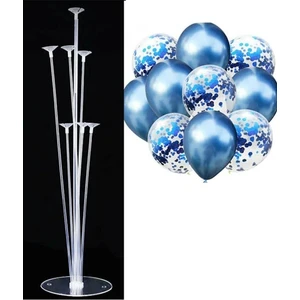 Balon Diyarı 7'li Balon Standı ve 15 Adet Metalik Mavi ve Şeffaf Konfetili Balon Set