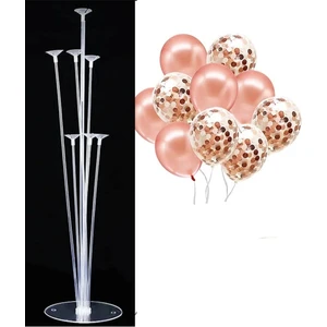 Balon Diyarı 7'li Balon Standı ve 15 Adet Rose Gold Şeffaf Konfetili Balon Set