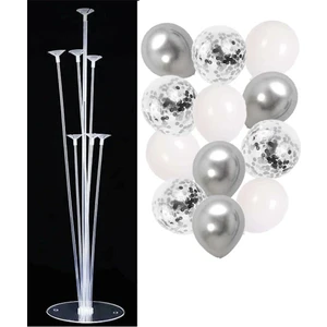 Balon Diyarı 7'li Balon Standı ve 15 Adet Gümüş-Beyaz-Şeffaf Konfetili Balon Set