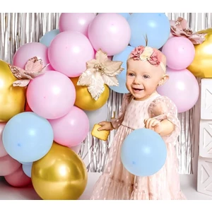 Balon Diyarı 60 adet pembe - gold - açık mavi Set + balon zinciri metalik parlak balon seti