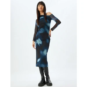 Tül Elbise Midi Omzu Açık Drapeli Asimetrik Kesim Uzun Kollu