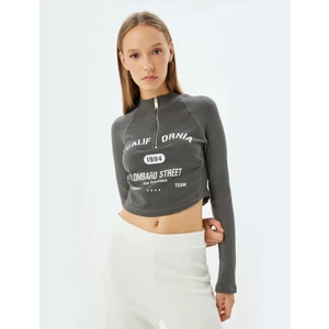 Crop Tişört Uzun Kollu Yarım Fermuarlı Slogan Baskılı Slim Fit