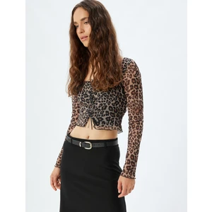 Leopar Desenli Tül Crop Tişört Fiyonklu Uzun Kollu Kare Yaka Slim Fit