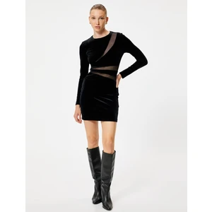 Kadife Elbise Mini Uzun Kollu Bisiklet Yaka Tül Pencere Detaylı Slim Fit