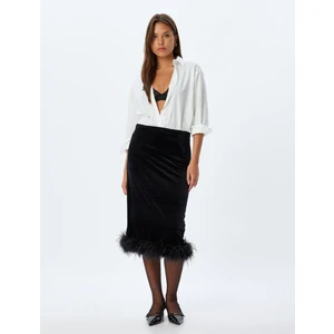 Abiye Etek Midi Kadife Tüy Detaylı Slim Fit