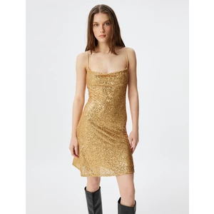 Abiye Elbise Pullu Payetli Mini Degaje Yaka Ip Askılı