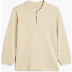 Polo Tişört Uzun Kollu Yarım Fermuarlı Şerit Detaylı Pamuklu