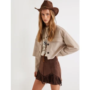 Suni Süet Ceket Crop Kapaklı Cep Detaylı Düğmeli Rahat Kalıp