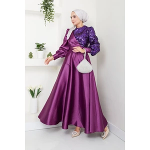 Ayşe Melek Tasarım Kadın Moda Giyim Tesettür Abiye Pul Saten Elbise 2755