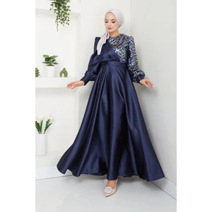 Ayşe Melek Tasarım Kadın Moda Giyim Tesettür Abiye Pul Saten Elbise 2755