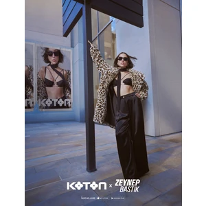 x Zeynep Bastık - Uzun Leopar Suni Kürk Kaban Geniş Ters Yaka Cepli