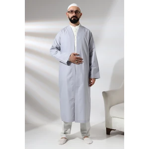 İhvan Online Gri Erkek Namaz Elbisesi V Yaka Düğmesiz Önü Açık Namaz Cübbesi