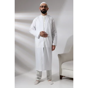 İhvan Online Beyaz Erkek Namaz Elbisesi V Yaka Düğmesiz Önü Açık Namaz Cübbesi