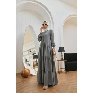 6646-TENSEL Britli Düğmeli Büzgülü Elbise Gri