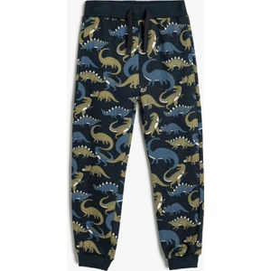 Pamuklu Eşofman Altı Dinozor Baskılı Beli Bağcıklı Şardonlu