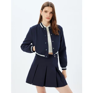 Kolej Bomber Ceket Yuvarlak Yaka Cepli Çizgili Çıt Çıt Düğmeli