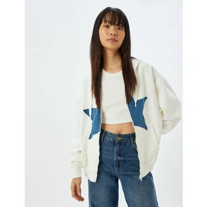 Oversize Fermuarlı Sweatshirt Kapüşonlu Yıldız Işlemeli Cep Detaylı