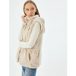 Suni Kürk Yelek Kapüşonlu Çıtçıt Düğmeli Cep Detaylı