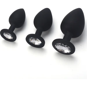 Beyaz Taşlı Siyah Pürüzsüz Silikon Dokuda Parlak Plug ve Tıkaç Seti - 3 Farklı Boy - S-M-L