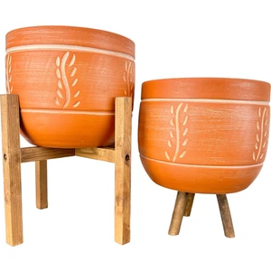 Bitki Tasarımı Ev Dekorasyon Nakış Desenli Toprak Saksı Saksılık Salon Çiçeklik İkili Set 3 Ayaklı- 4 Ayaklı- 19 CM