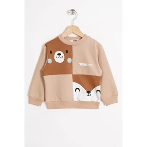 Tilki ve Ayı Figurlu Bisiklet Yaka Camel Renk Erkek Çocuk Sweatshırt