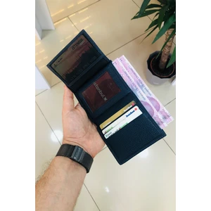 Max Lacivert Dikey Mini Model  Deri Kişiye Özel Isim Baskılı Erkek Cüzdanı(2 Şeffaf Bölmeli)