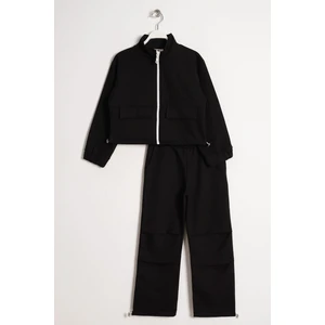 Fermuarlı Beli ve Paçası Büzgülü Lastik Detaylı Siyah Renk Kız Çocuk Eşofman Takım