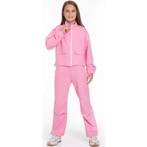 Fermuarlı Beli ve Paçası Büzgülü Lastik Detaylı Koyu Pembe Renk Kız Çocuk Eşofman Takım