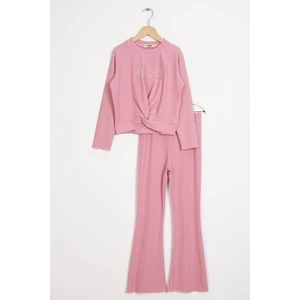 Bisiklet Yaka Uzun Kol Baskılı Gul Kurusu Renk Kız Çocuk Pantolon Takım