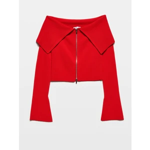 60252 Bardot Yaka Fermuarlı Triko Hırka-Kırmızı