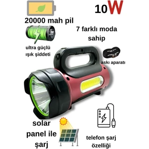 10W Uzun Menzilli Solar Panelli Powerbank USB Çıkış S.o.s Lu Ultra Güçlü Ledli Şarjlı Feneri