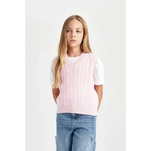 Kız Çocuk Standart Fit V Yaka Örgü Desenli Basic Düz Triko Süveter C6932A824AU